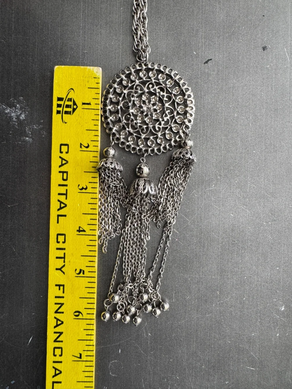 Vintage Silver-Tone Filigree Medallion Tassel‎ Pendant Necklace